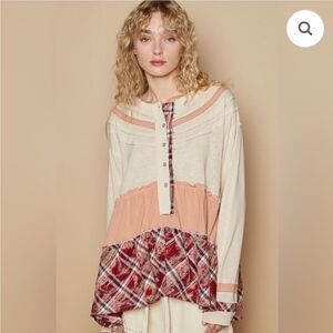 NEW!!! POL Women's Cream and Red Plaid Top,Sz Medium